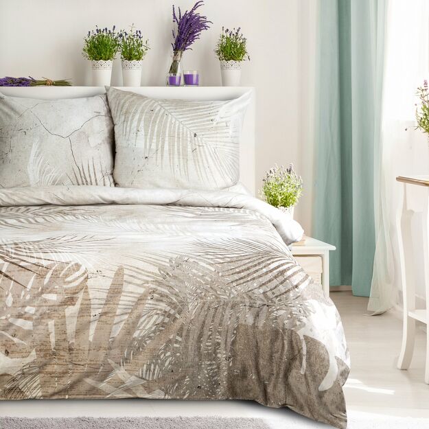 Pościel z makosatyny 220x200 SALMA popielata beżowa wzór liści palmy dwustronna Premium