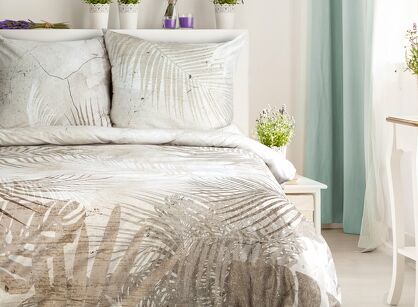 Pościel z makosatyny 220x200 SALMA popielata beżowa wzór liści palmy dwustronna Premium