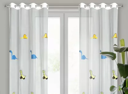 Firana na przelotkach 140x250 DINO biała z haftem dziecięcym w dinozaury