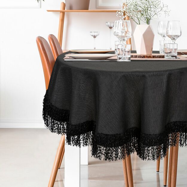 Obrus okrągły fi 180 JASPER czarny wykończony wyrazistymi frędzlami z kolekcji Premium