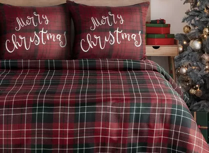 Pościel świąteczna 160x200 NOELLIE bordowo ciemno zielona wzór kraty z bawełny renforce