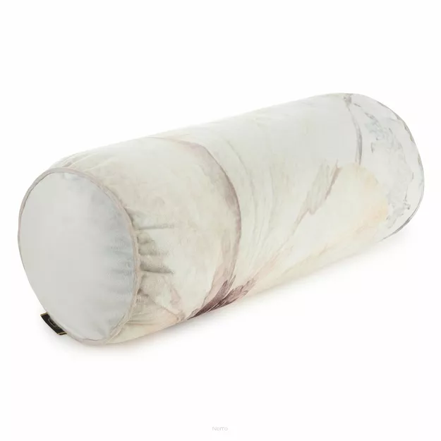 Poszewka welwetowa z wypełnieniem wałek 20x48 VELVET 144 kremowa z designerskim beżowym wzorem kwiatów obszyta lamówką