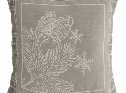 Poszewka świąteczna 45x45 HOLLY ciemny beż z kratką z nadrukiem gałązek z gobeliny