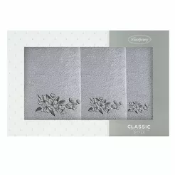 Komplet ręczników 3 szt. SOFIA srebrne z haftowanym stalowym wzorem kwiatowym w kartonowym pudełku