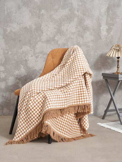 Koc bawełniany 150x200 2148-2 beżowy romby z frędzlami