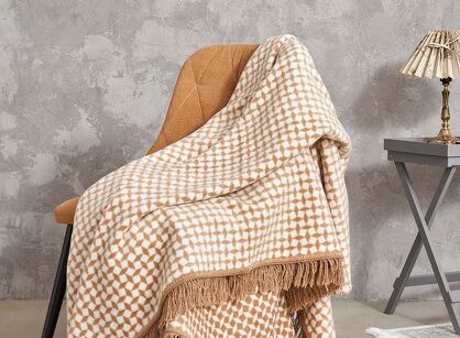 Koc bawełniany 150x200 2148-2 beżowy romby z frędzlami