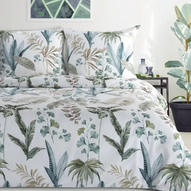 Pościel satynowa 140x200 SPRING 52 biała z zielonym nadrukiem roślinnym