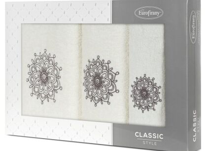 Komplet ręczników 3 szt. ROSETTE kremowy z haftowanym grafitowym wzorem rozety w kartonowym pudełku