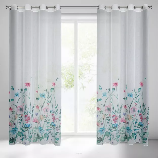 Zasłona na przelotkach 140x250 LILIAN biała z nadrukiem niebieskich kwiatków