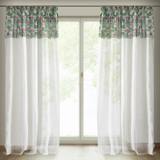 Zasłona gotowa na taśmie 140x250 BOTANIC biała z drukowanym wzorem liści i flamingów