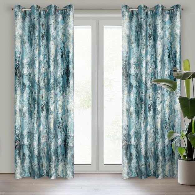 Zasłona na przelotkach 140x250 MALIA welwetowa turkusowa z metalicznym nadrukiem