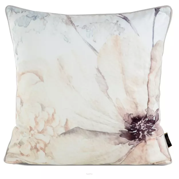 Poszewka welwetowa 45x45 VELVET 128 kremowa z designerskim beżowym wzorem kwiatów obszyta lamówką