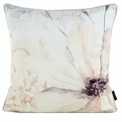 Poszewka welwetowa 45x45 VELVET 128 kremowa z designerskim beżowym wzorem kwiatów obszyta lamówką