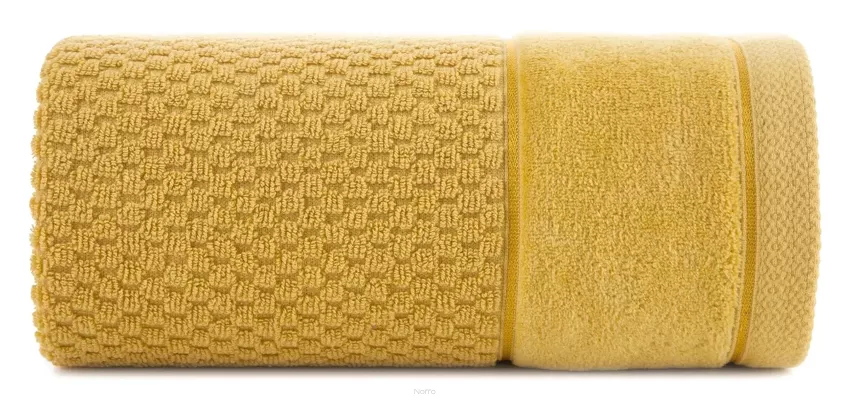 Ręcznik 50x90 FRIDA musztardowy z fakturą kosteczki i szeroką welurową bordiurą 500 g/m2