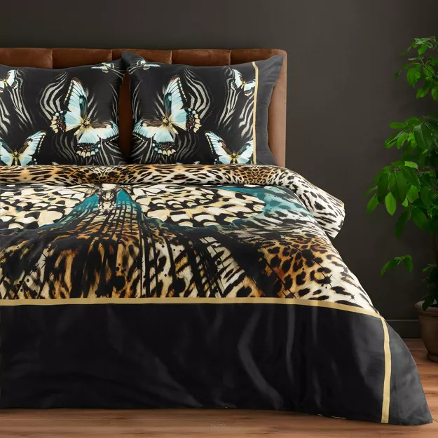 Pościel z makosatyny 160x200 EVA 15 Eva Minge czarna z designerskim wzorem w motyle z kolekcji Premium