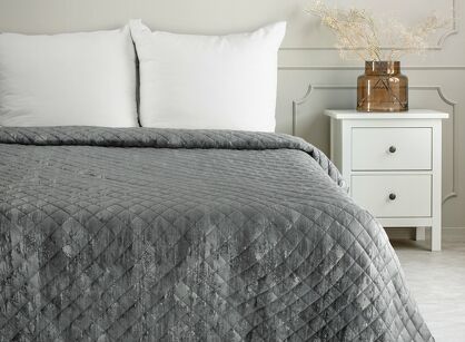 Narzuta welwetowa 220x240 BLINK 3 stalowa pikowana ze srebrnym przecieranym wzorem