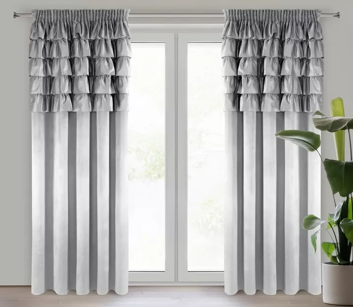 Zasłona na taśmie 140x270 AURA welwetowa srebrna jednokolorowa zdobiona w górnej części falbanami