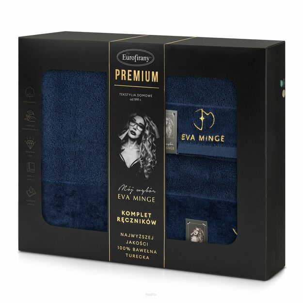Komplet Ręczników GAJA 3 Eva Minge granatowe z welwetową bordiurą sygnowaną logo projektantki