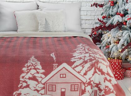 Koc świąteczny 200x220 RUDOLF czerwony bawełniany w zimowej scenerii