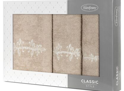 Komplet ręczników 3 szt. KAMELIA beżowe z haftowanym kremowym wzorem delikatnych listków w kartonowym pudełku