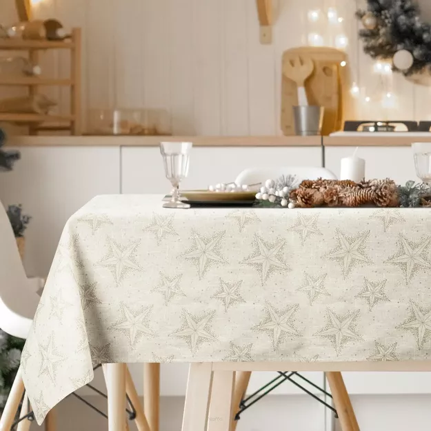 Obrus świąteczny 145x300 WINTER kremowy złoty bawełniany w gwiazdki