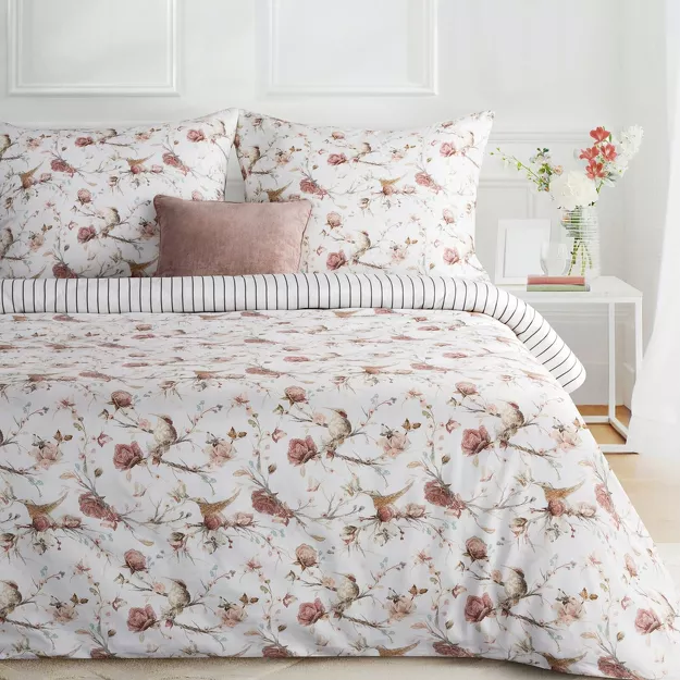 Pościel satynowa 140x200 RAYA 2 biała beżowa wzór roślinny