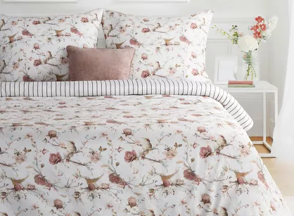 Pościel satynowa 140x200 RAYA 2 biała beżowa wzór roślinny