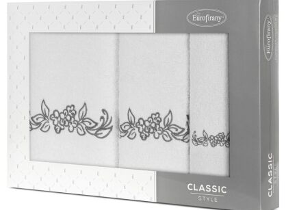 Komplet ręczników 3 szt. CLAVIA białe z haftowanym grafitowym wzorem roślinnym w kartonowym pudełku