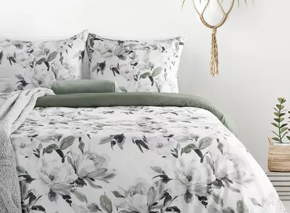 Pościel z mikrowłókna 220x200 LOTI biała zielona wzór kwiatowy Design 91