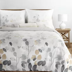 Pościel satynowa 160x200 SPRING 94 biała z wzorem popielatych liści z kolekcji Classic