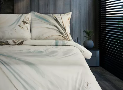 Pościel z makosatyny 160x200 NOYA Eva Minge kremowa miętowa designerski wzór Premium