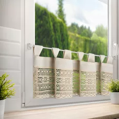 Zazdrostka na szelkach 150x35 MADDELINE beżowa z bawełny zdobiona ażurowym geometrycznym wzorem