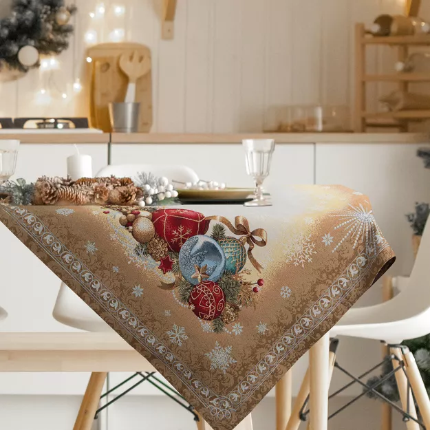 Nakładka świąteczna 100x100 4069 gobelinowa beżowa z bombkami i połyskującą nicią złotą