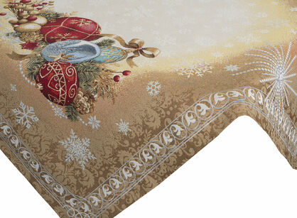 Nakładka świąteczna 100x100 4069 gobelinowa beżowa z bombkami i połyskującą nicią złotą