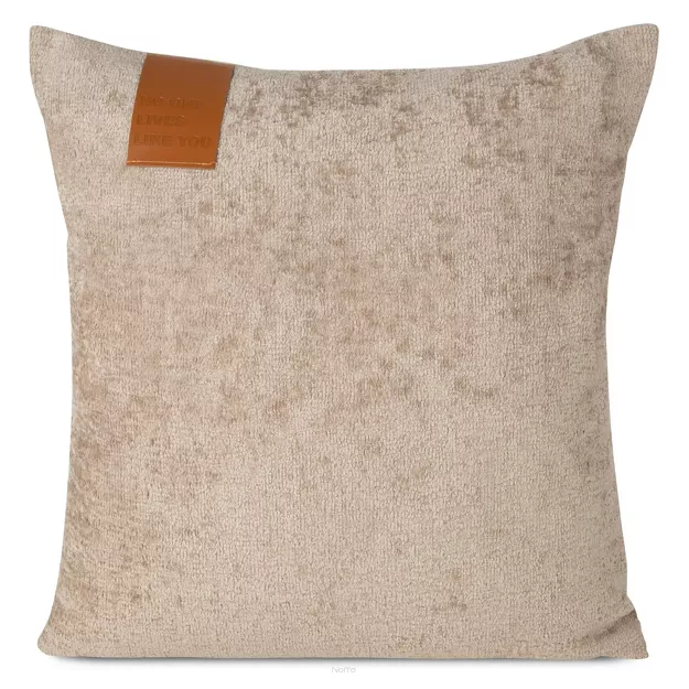 Poszewka jednokolorowa 45x45 SZENIL 1 beżowa z szenili ze skórzaną wstawką