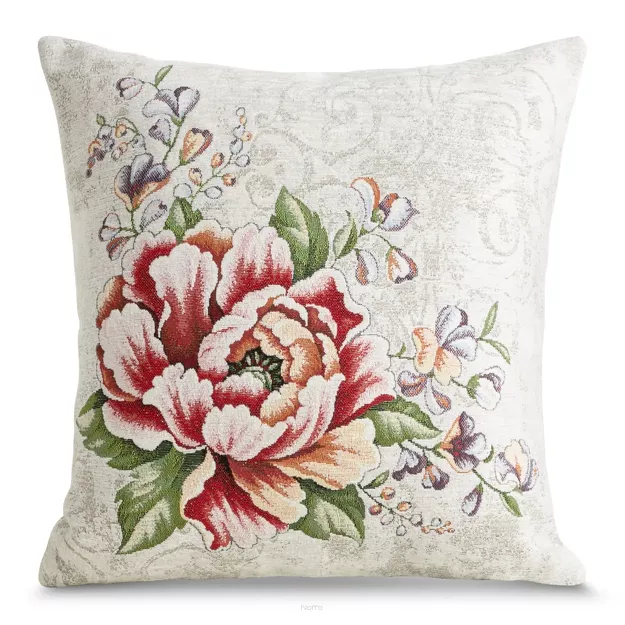 Poszewka gobelinowa 45x45 1182 czerwona z wzorem kwiatów piwoni