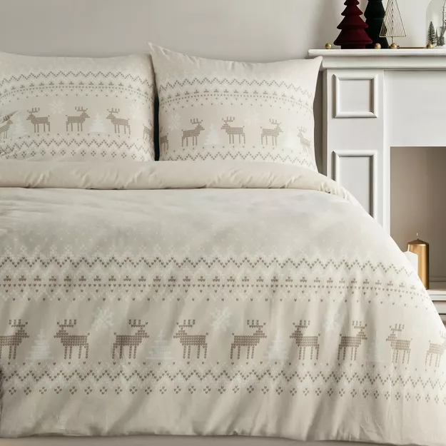 Pościel świąteczna 140x200 LUKE beżowo biała wzór skandynawski z bawełny renforce
