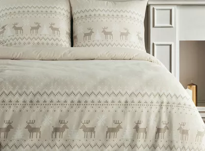 Pościel świąteczna 140x200 LUKE beżowo biała wzór skandynawski z bawełny renforce