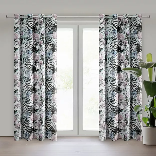 Zasłona na przelotkach welwetowa 140x250 MALIBU zielona botaniczna ze srebrnym nadrukiem