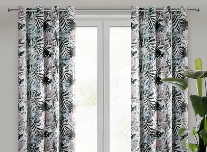 Zasłona na przelotkach welwetowa 140x250 MALIBU zielona botaniczna ze srebrnym nadrukiem