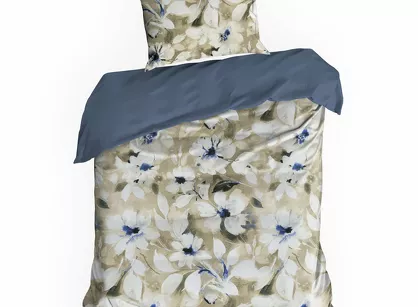 Pościel satynowa 140x200 SPRING 66 jasny beż ciemny niebieski z wzorem kwiatów z kolekcji Classic