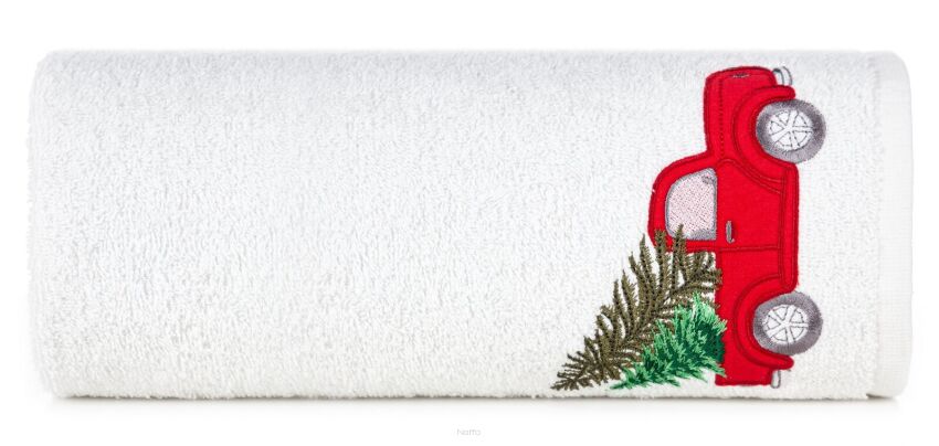 Ręcznik świąteczny 70x140 SANTA 22 biały w autko z choinką