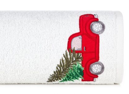 Ręcznik świąteczny 70x140 SANTA 22 biały w autko z choinką