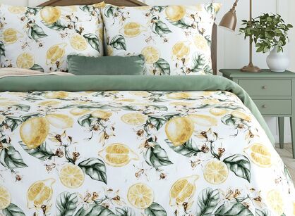Pościel satynowa 220x200 SPRING 91 biała ciemna zieleń z wzorem cytryn z kolekcji Classic