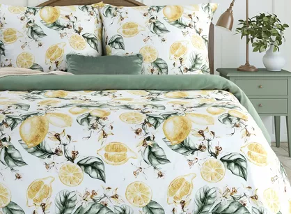 Pościel satynowa 220x200 SPRING 91 biała ciemna zieleń z wzorem cytryn z kolekcji Classic
