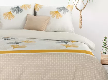Pościel bawełniana 220x200 LEA 7 beżowa biała z wzorem miłorzębu dwustronna Design 91