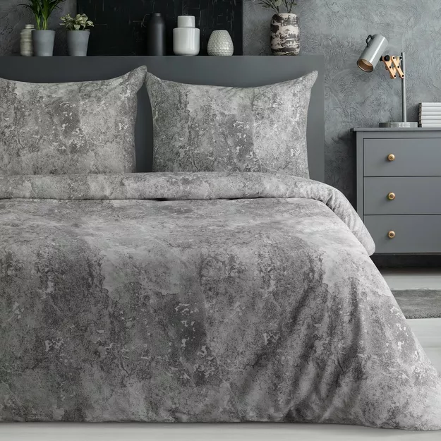 Pościel satynowa 140x200 SPRING 71 srebrna stalowa z wzorem marmurkowym z kolekcji Classic
