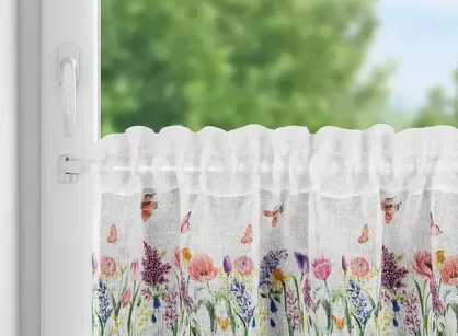 Zazdrostka gotowa w tunelu150x30 BELLA biała z etaminy zdobiona koronką z nadrukiem kwiatowym