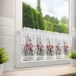 Zazdrostka gotowa w tunelu150x30 BELLA biała z etaminy zdobiona koronką z nadrukiem kwiatowym