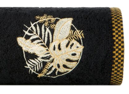 Ręcznik bawełniany 50x90 PALMS czarny z wyhaftowanym złotym wzorem egzotycznych liści
